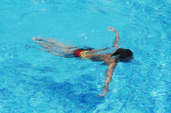 Boy swim in blue water