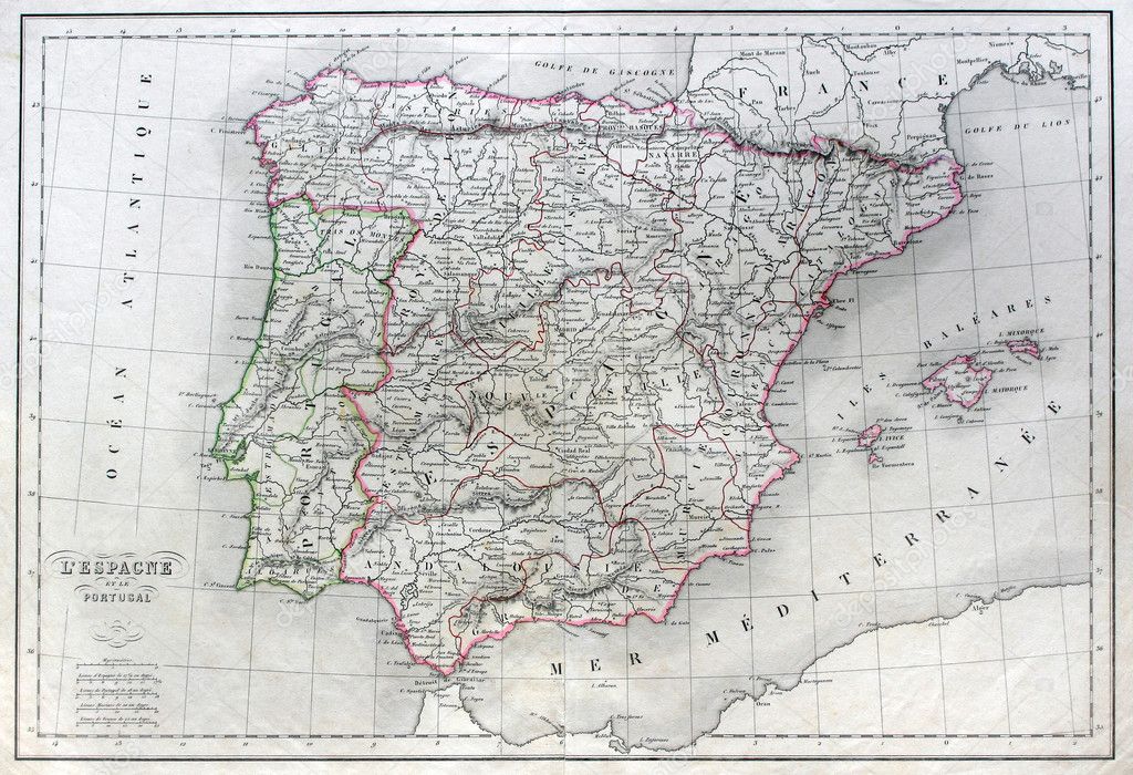 Map Of Spain And Portugal. Antique map of Spain and Portugal.