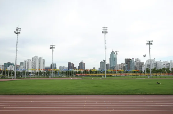 Stadium and city skyline
