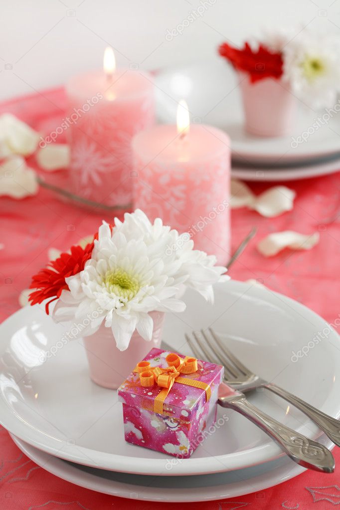 Romantic table setting for Valentine birthday or other event