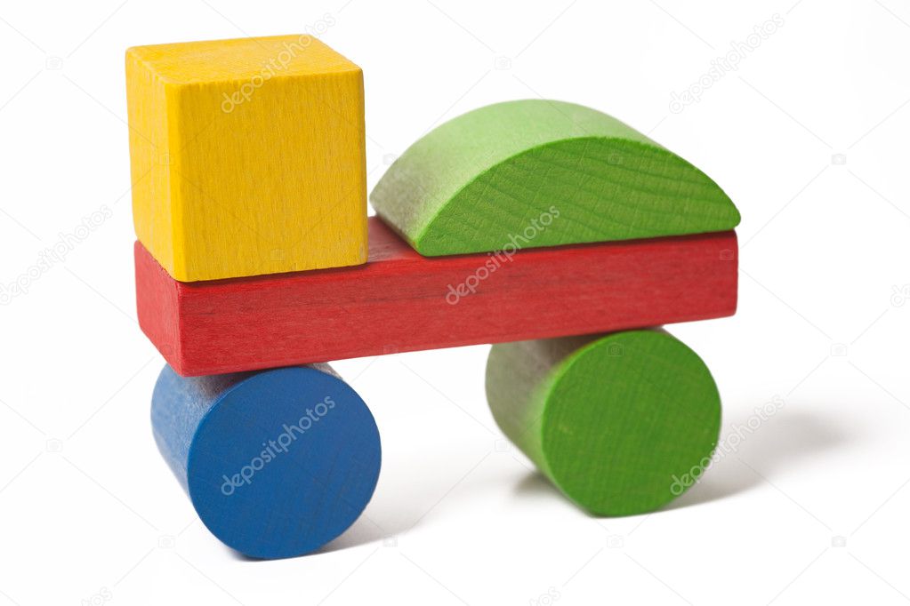 Car from colorful wooden toy blocks isolated on white background 