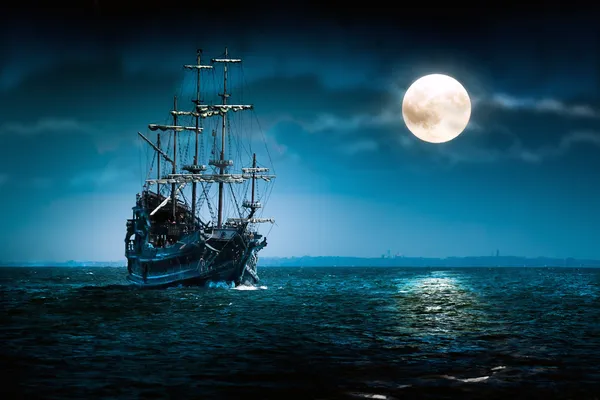 Ghost pirate ship sailing and moon