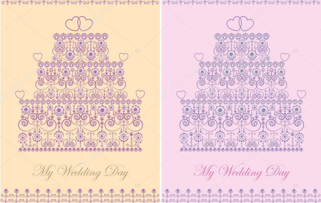 Set of two color variations of elegant wedding invitations with cake in 