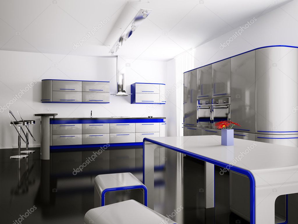 Interieur van grijs blauw keuken 3d — stockfoto © scovad #2269468 Keuken moderne grijze