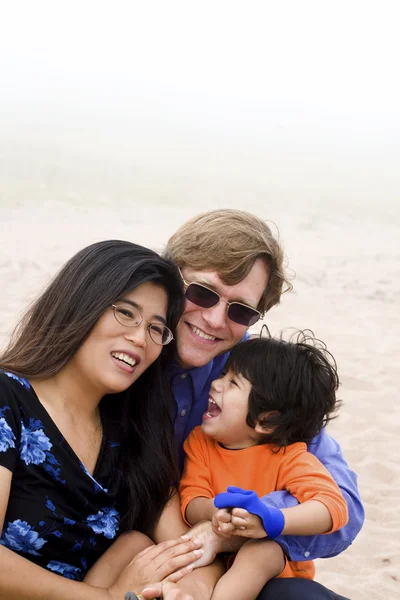 Multiracial family sitting on beach