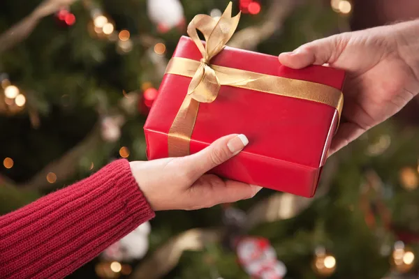 Man and Woman Exchange Red Gift