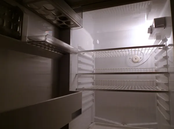 Empty fridge interior, side view