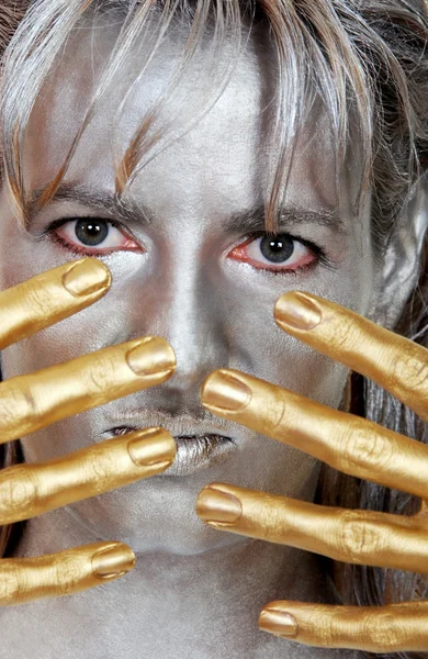 Closeup headshot silver woman gold — Stock Photo #2449764
