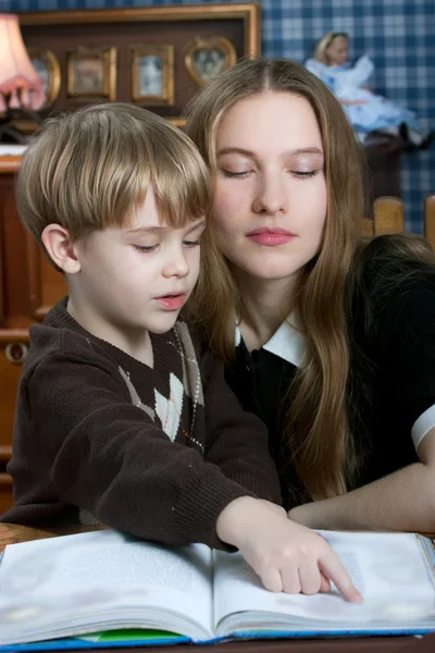 Mother and son reading book