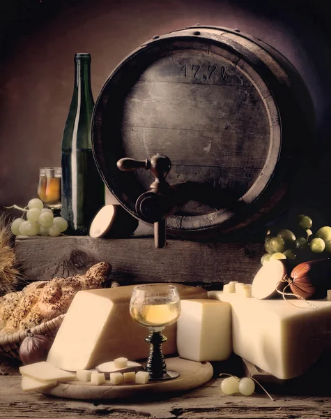 Still-life with wine and barrels