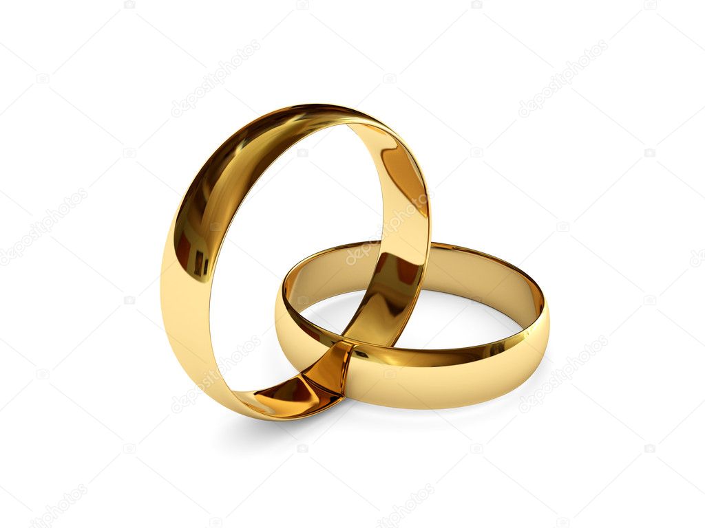 Connected golden wedding rings isolated on white background