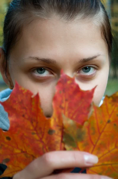Νεαρό κορίτσι με το φθινόπωρο τα φύλλα — Φωτογραφία Αρχείου