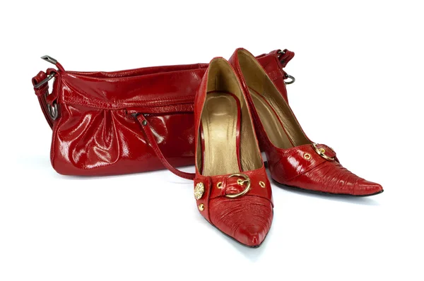 Rote Damenschuhe und Handtasche — Stockfoto