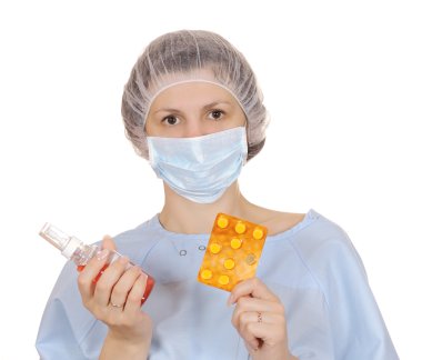 young female doctor in uniform with medicine and pills isolated on white 