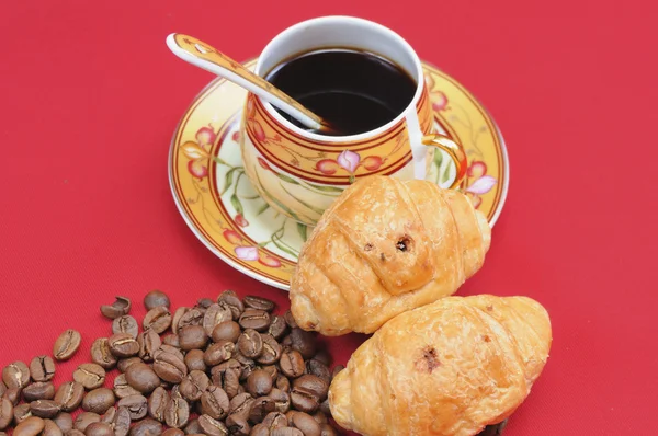 Coffee Croissant Chocolate Cup Hot Coffee Red Background — стоковое фото