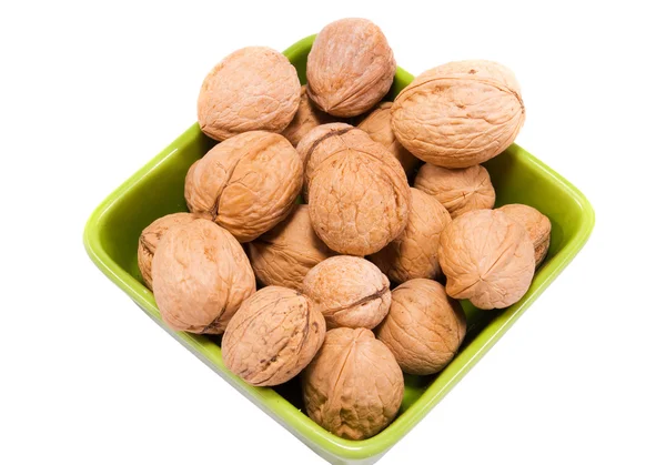 Walnuts Wooden Plate Isolated White — Stock Photo, Image