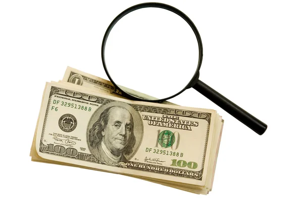 Magnifying Glass Hundred Dollar Bill Isolated White Background — Photo