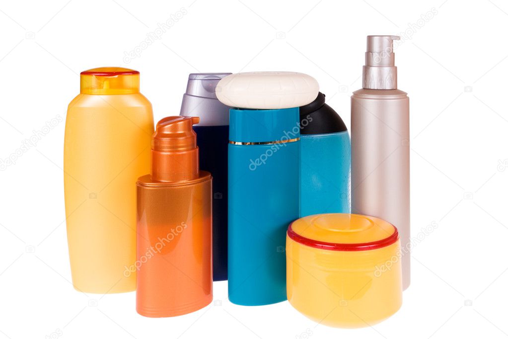 different bottles of shampoo isolated on white. 
