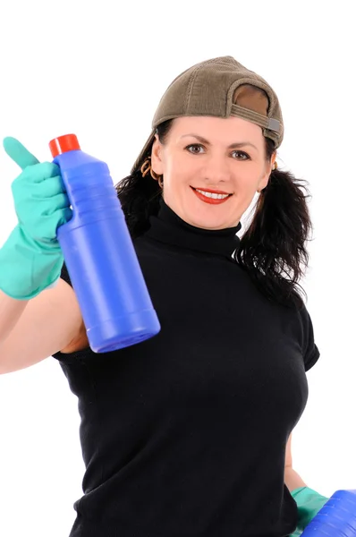 Жінка з червоно-блакитною пляшкою — стокове фото
