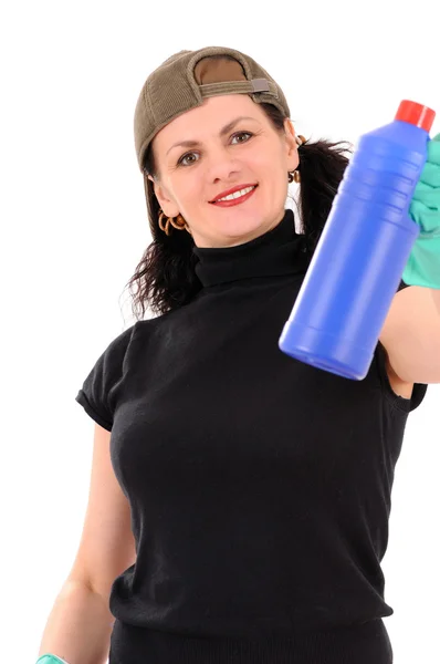 Жінка з червоно-блакитною пляшкою — стокове фото