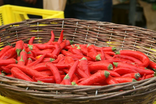Cesta de pimentas vermelhas quentes — Fotografia de Stock