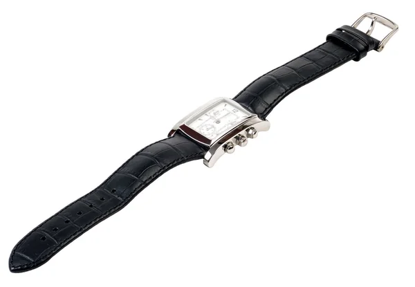 Black Leather Watch White Isolated Background — Fotografia de Stock