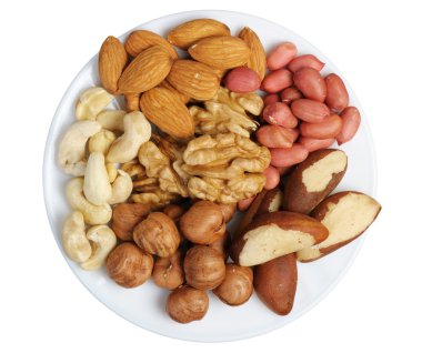 Set of nuts on a white plate, isolation clipart