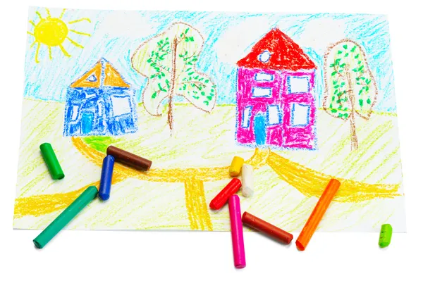 stock image Wax crayons and children's drawing.