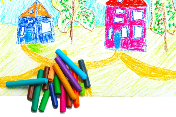 Pastelli di cera e disegno da bambini . — Foto Stock