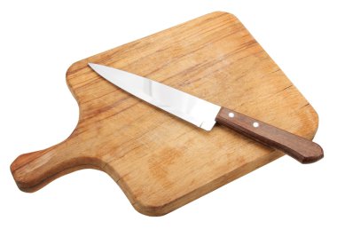 knife on wooden chopping board on white background.  clipart