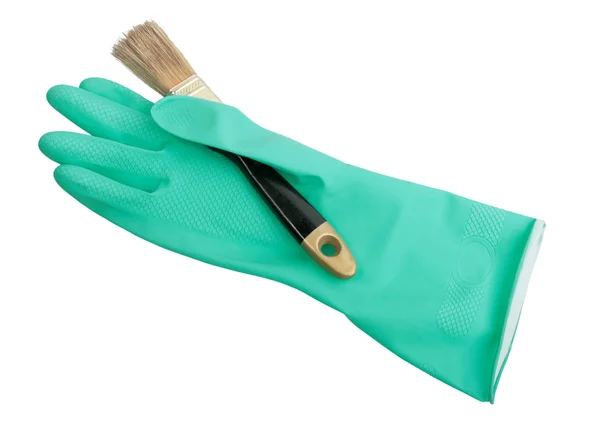 Green Rubber Gloves Brush White — 스톡 사진