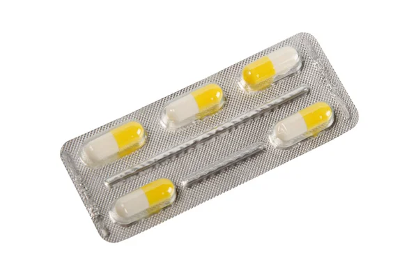 Blisterverpackung Mit Pillen Auf Weißem Hintergrund — Stockfoto