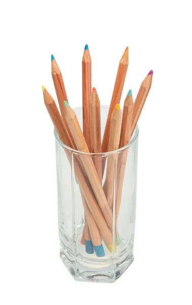 彩色铅笔在玻璃上白色隔离 — 图库照片