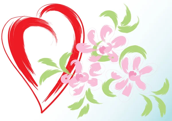 Ευχετήρια κάρτα με την καρδιά και λουλούδια — Διανυσματικό Αρχείο