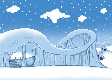 cartoon scene with snowman and snow - covered landscape - illustration for children  clipart