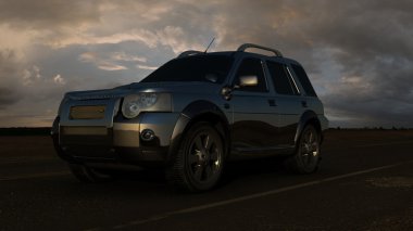 luxury suv on a road. 3 d rendering.  clipart