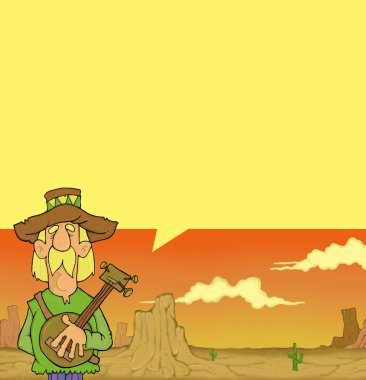 cartoon man with cowboy in desert with cactus and hat 