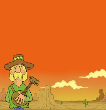 cartoon cowboy holding a gun in desert 