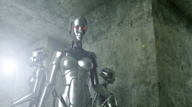 robot with cyborg standing in front of a futuristic room 