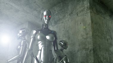 robot with cyborg standing in front of a futuristic room  clipart