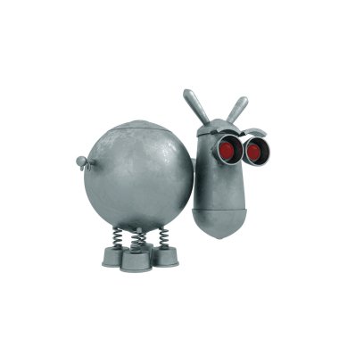 3 d render of a metal robot with eyes and a red metal head on a white background 