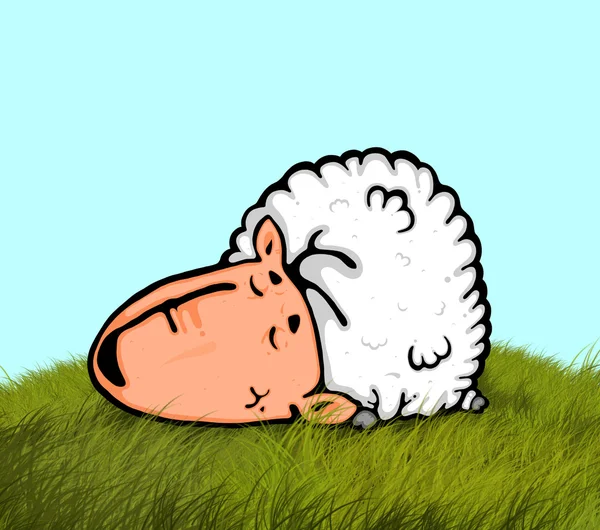 Cartoon Cute Little Sheep Sleeping Grass — 图库照片