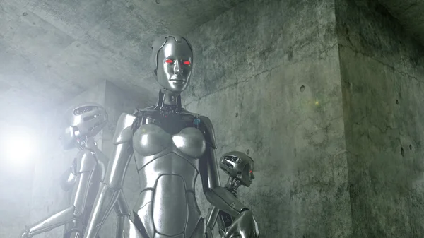 Robot Cyborg Standing Front Futuristic Room — Stok fotoğraf
