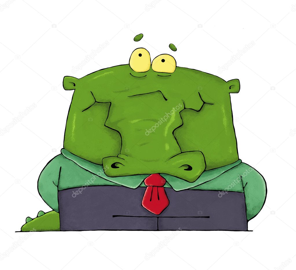 cartoon monster in green shirt with a big red tablet 