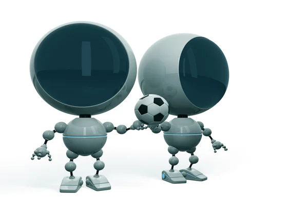 2 つのロボット フットボール ファン 1 つのボールを保持します。 — ストック写真