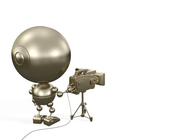 Zlaté robot operátora stojí zpětně s pracovní video kamera — Stock fotografie