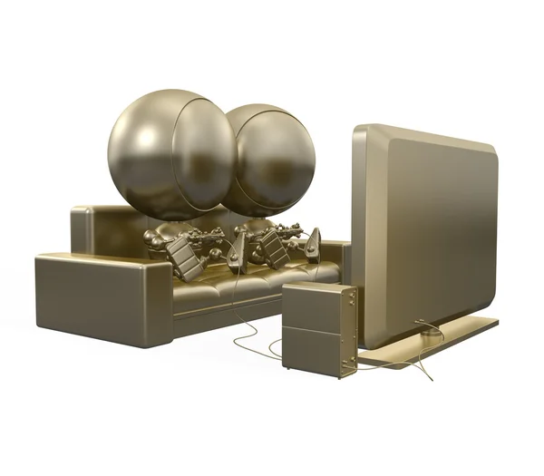 Dos amigos de oro jugar juego de consola con joysticks en la televisión mientras está sentado en diván —  Fotos de Stock