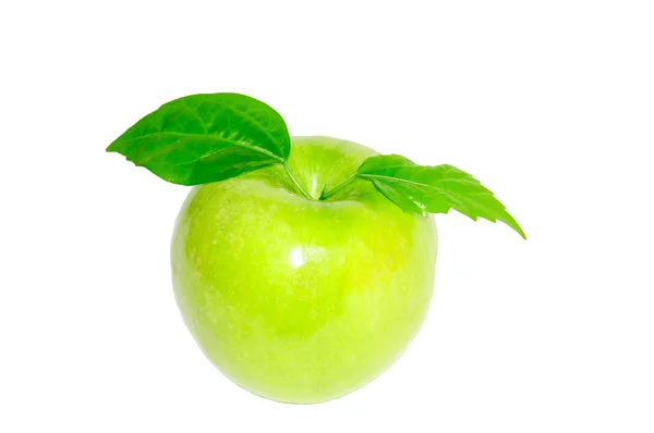 Fresh green apple with green leaf — Stock Photo, Image