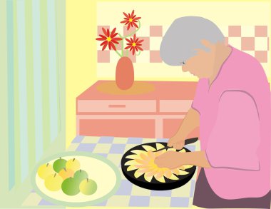 a woman cuts an orange with flowers  clipart