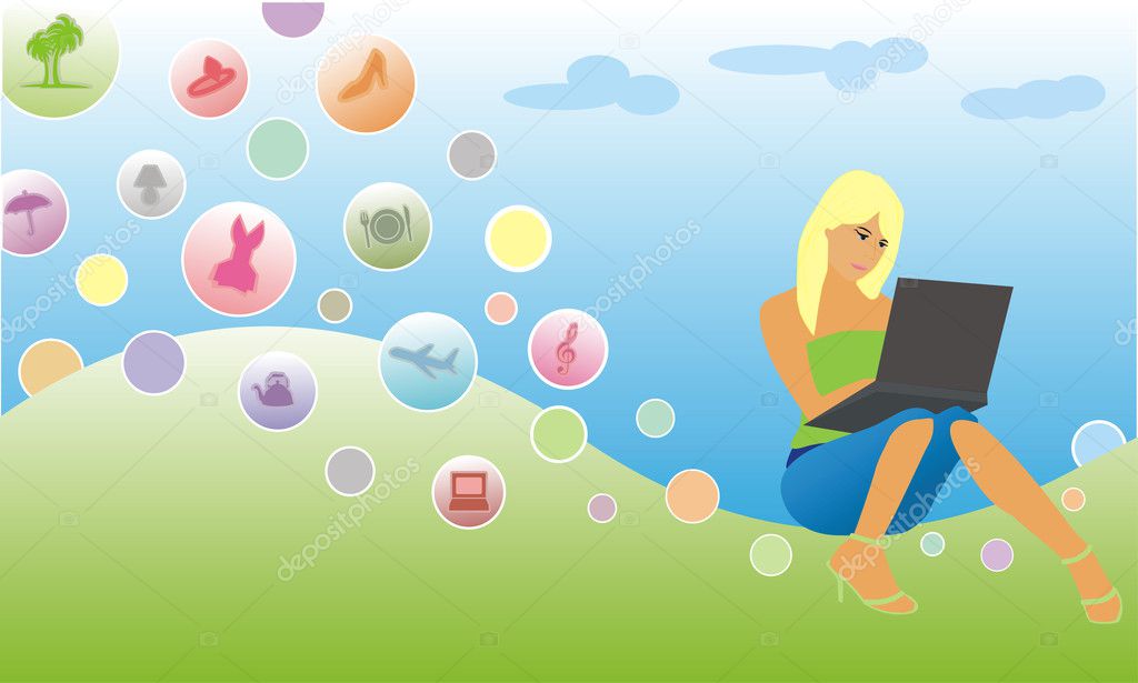 girl sitting in the cloud and using laptop 